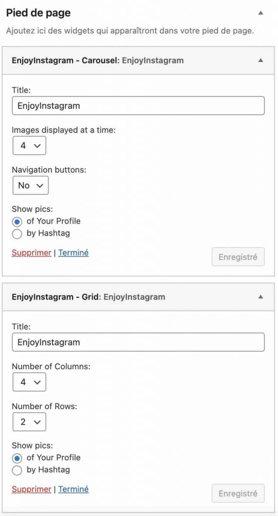 Réglages du widget Pied de page d'Enjoy Instagram.