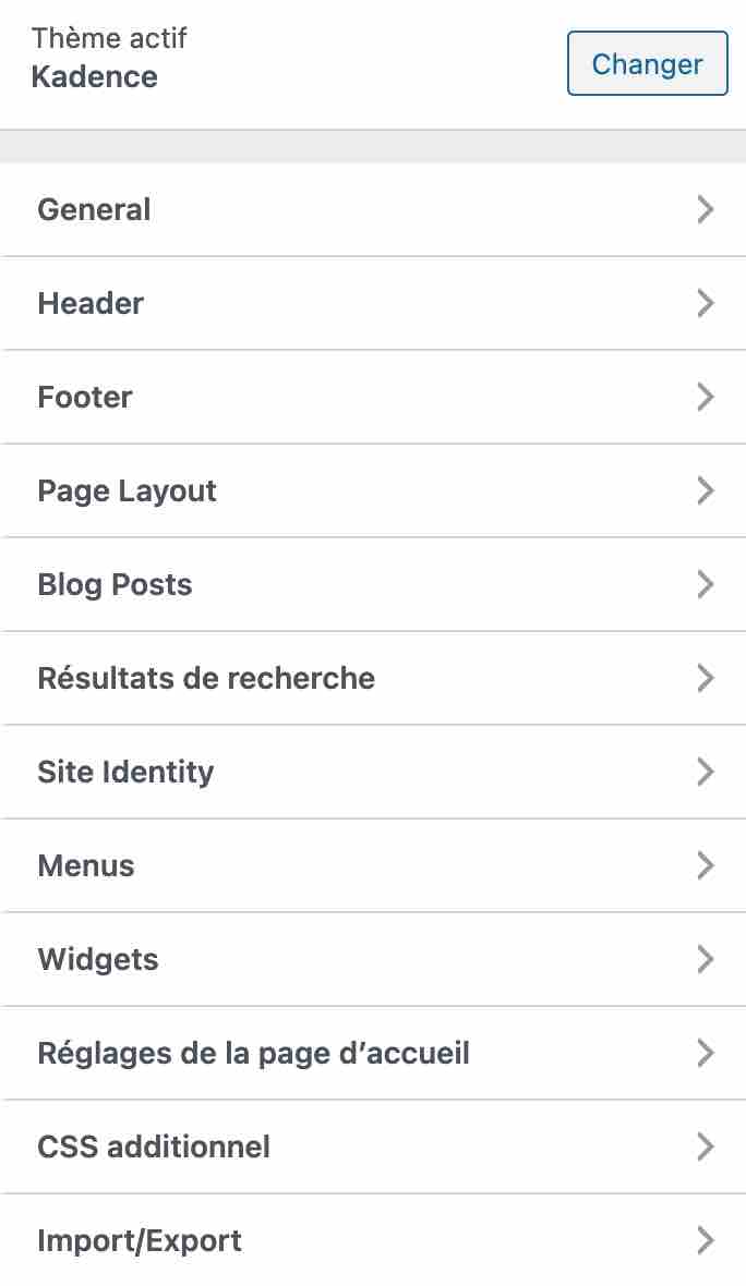 L'outil de personnalisation du thème Kadence.
