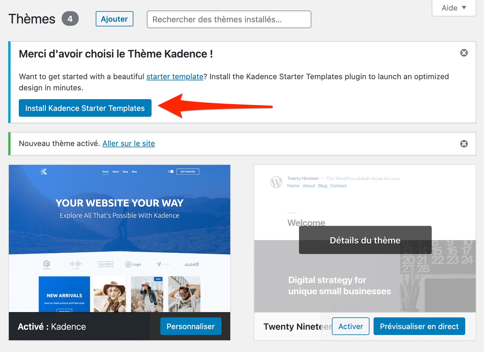 Bouton Kadence Starter Templates