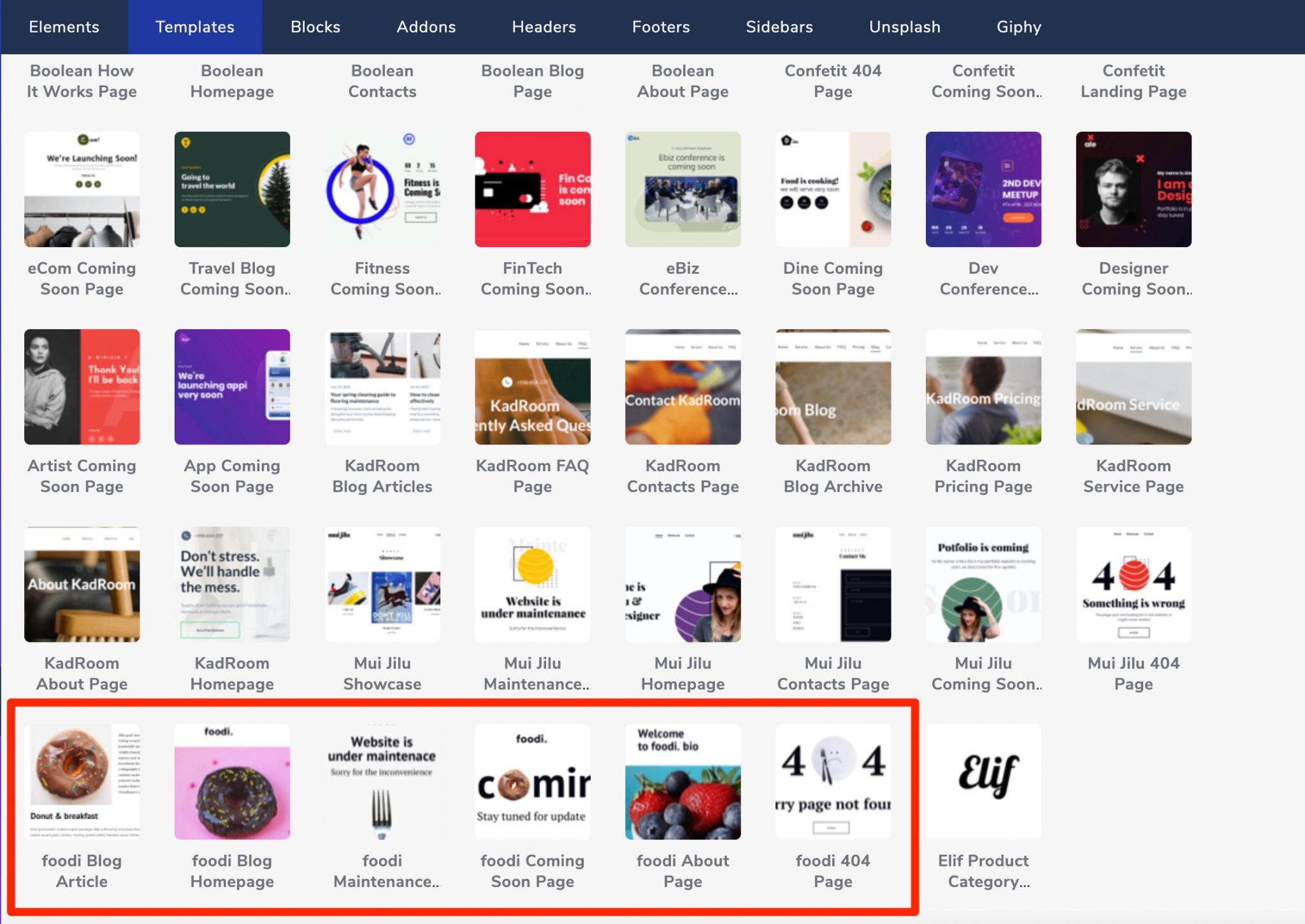 Les templates proposés par Visual Composer.