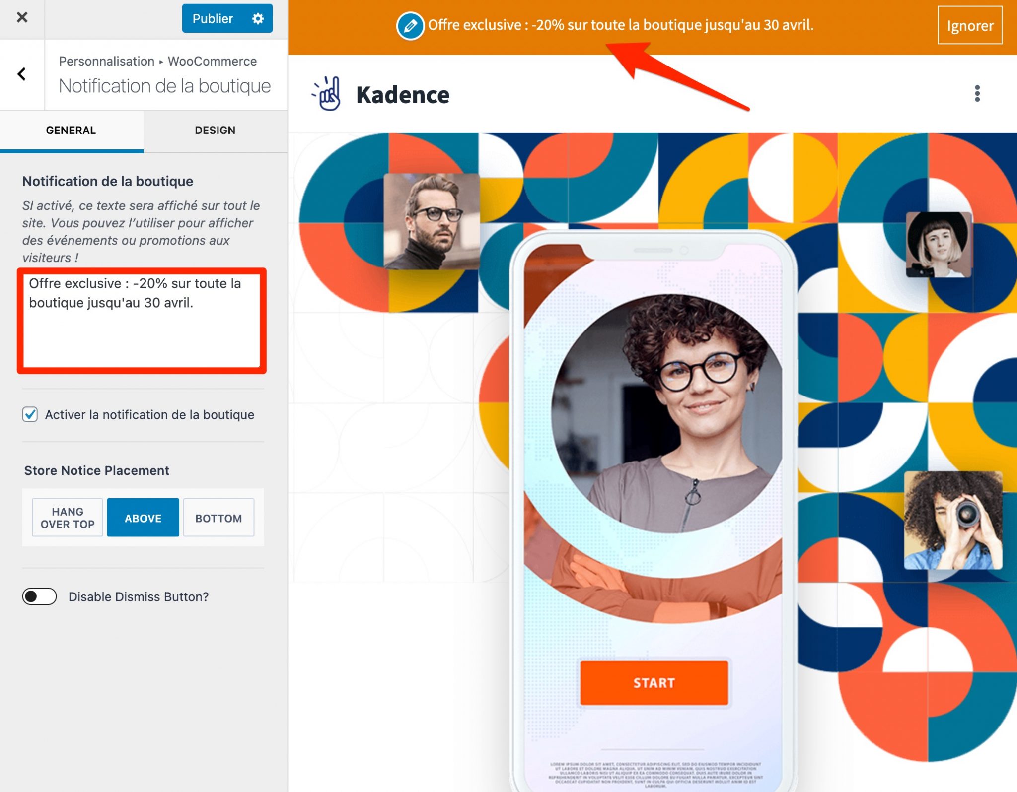 Texte de notification de Kadence sur une boutique WooCommerce.
