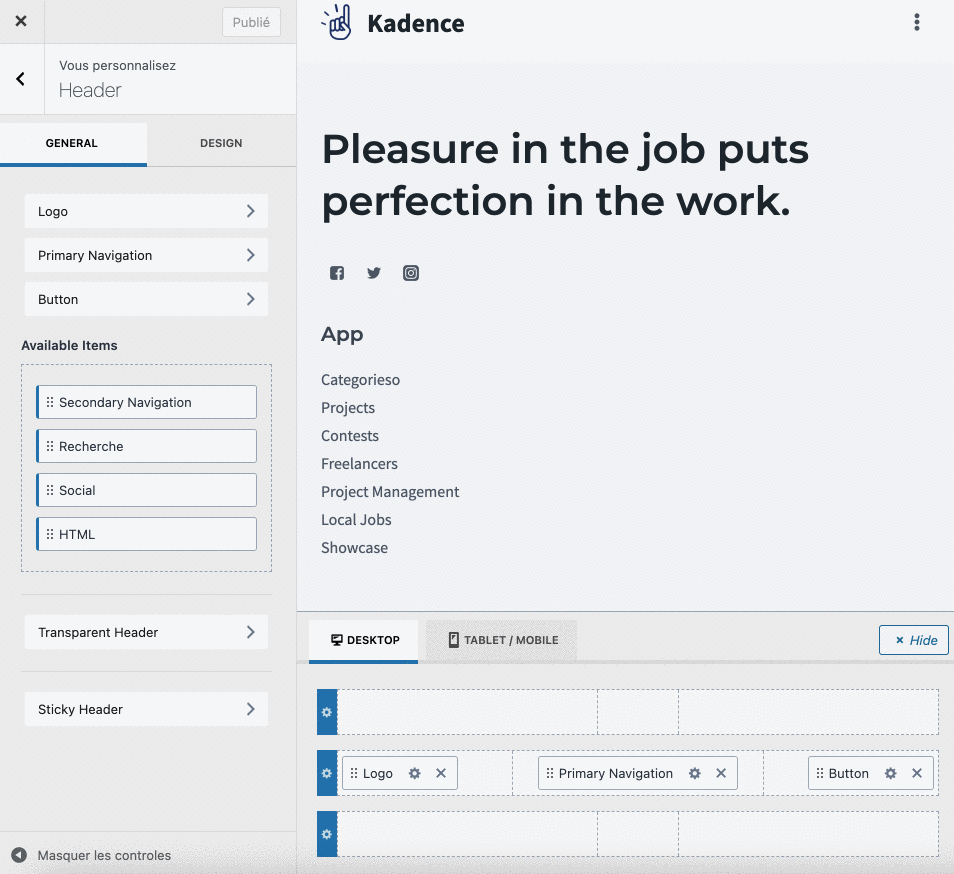 Les options du Header Builder de Kadence.