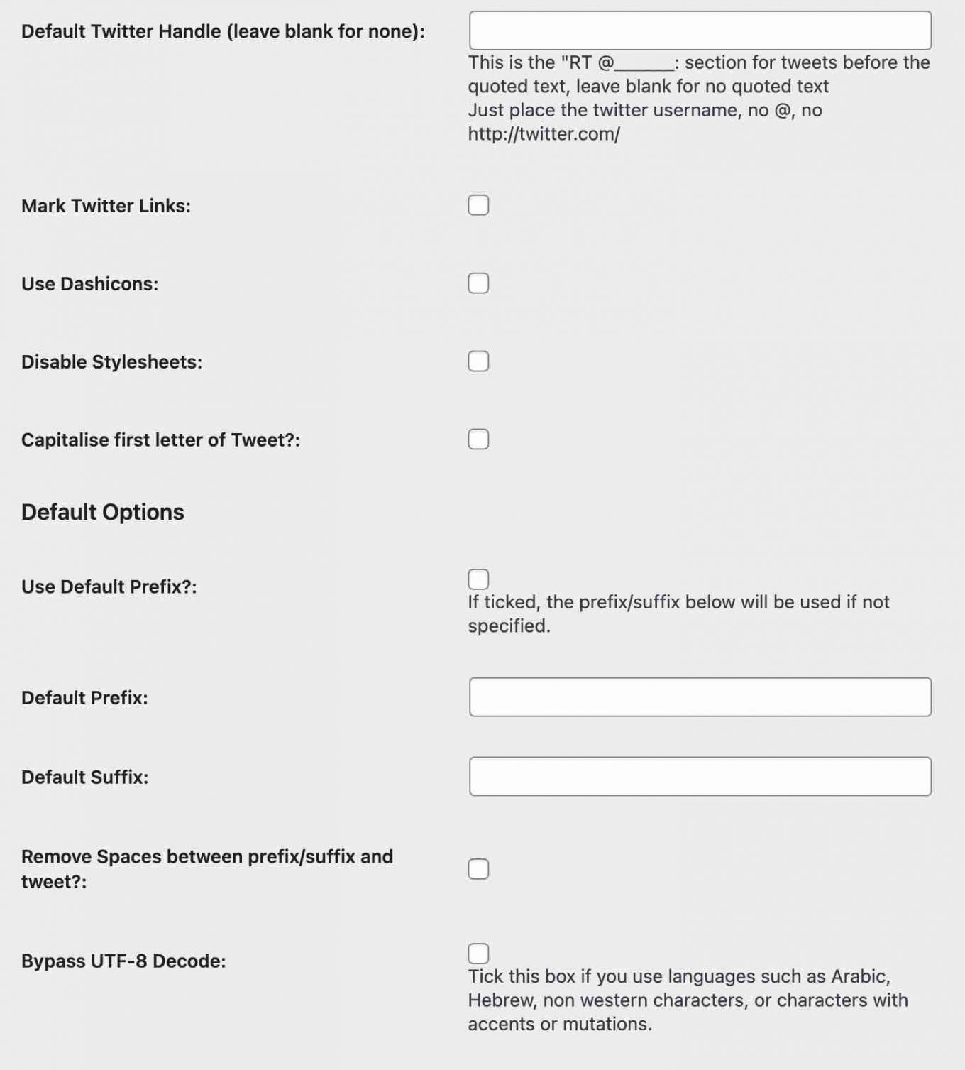 Réglages d'Inline Tweet Sharer.