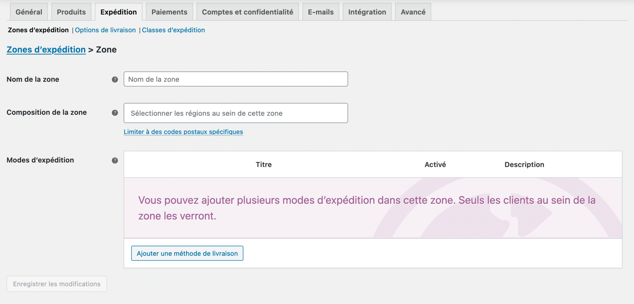 Ajout d'une zone d'expédition avec WooCommerce.