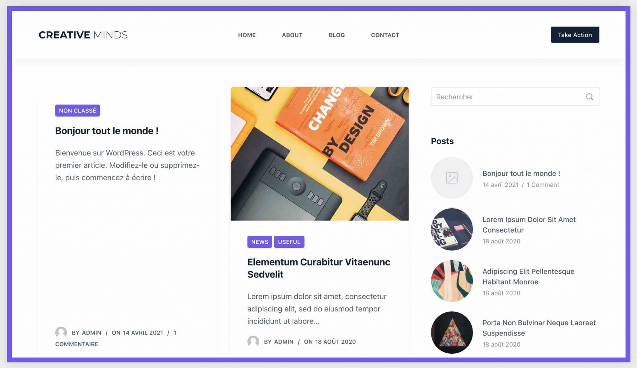 Un cadre de couleur sur une page créée avec le thème.
