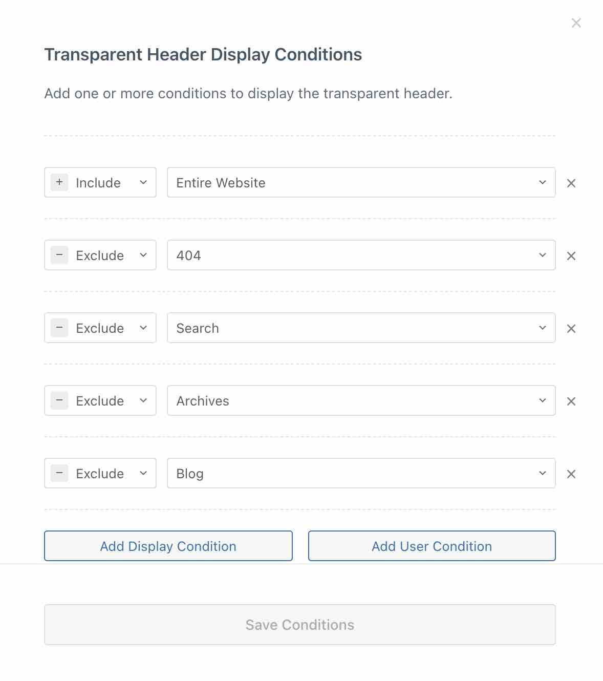 Conditions d'affichage d'un header transparent.