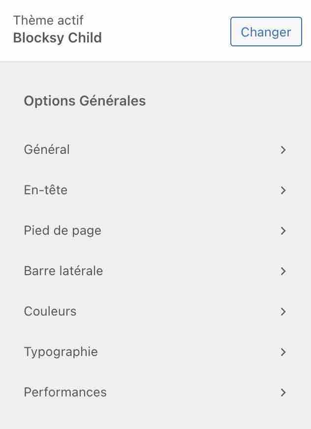 Réglages proposés sur l'Outil de personnalisation du thème.