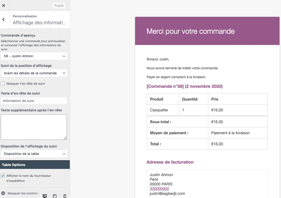 Customizer d'email de commande Aperçu du customizer d'emails d'Advanced Shipment Track