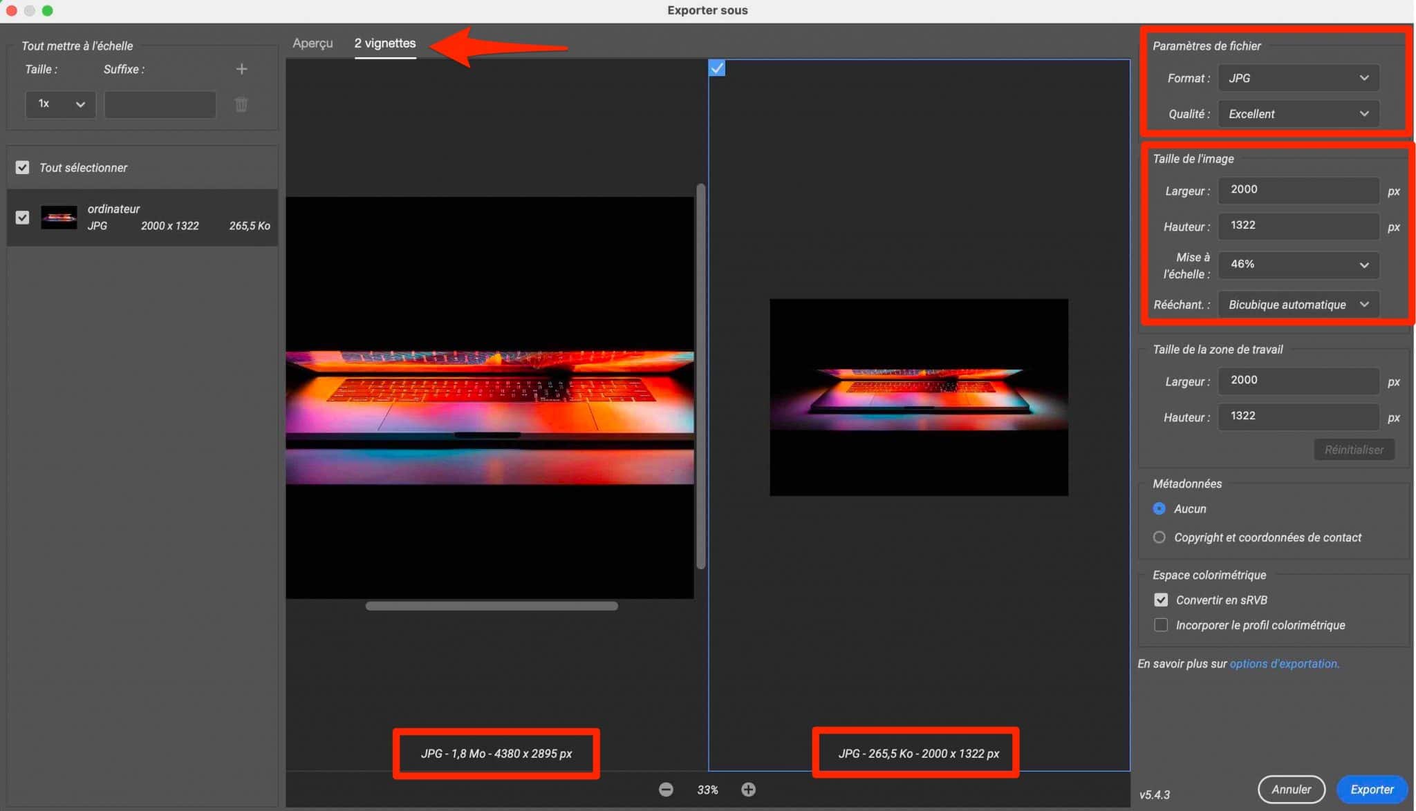 La fonction Enregistrer Sous de Photoshop permet de réduire le poids d'une image.