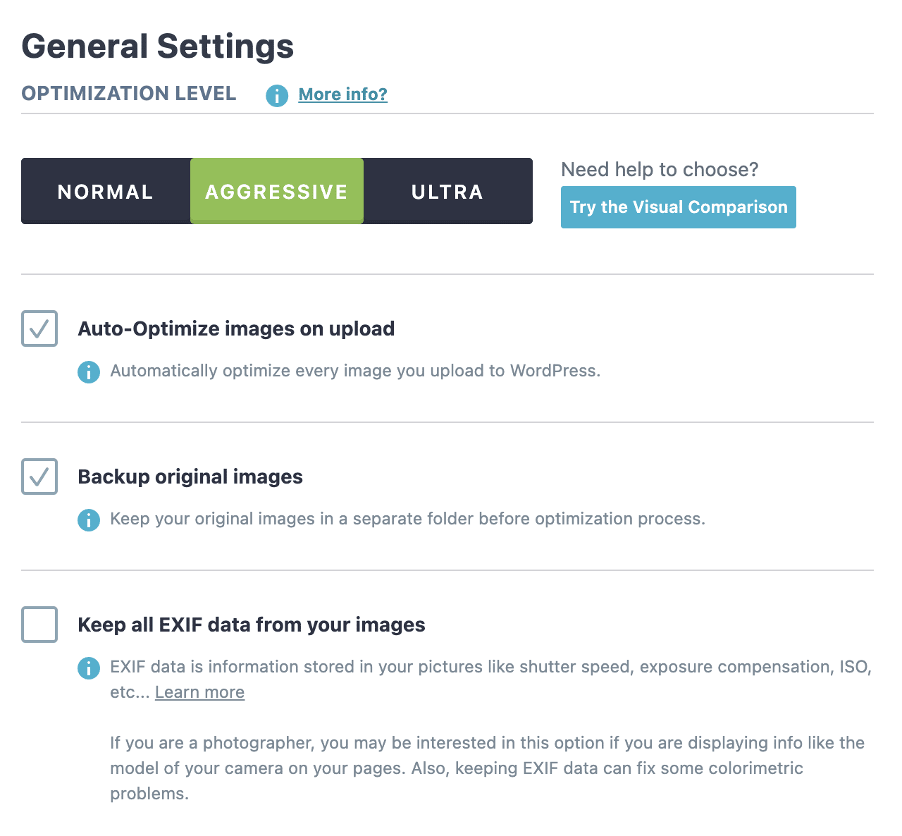 Imagify general settings with the optimization level, auto-optimization of images, backup of original images and EXIF data