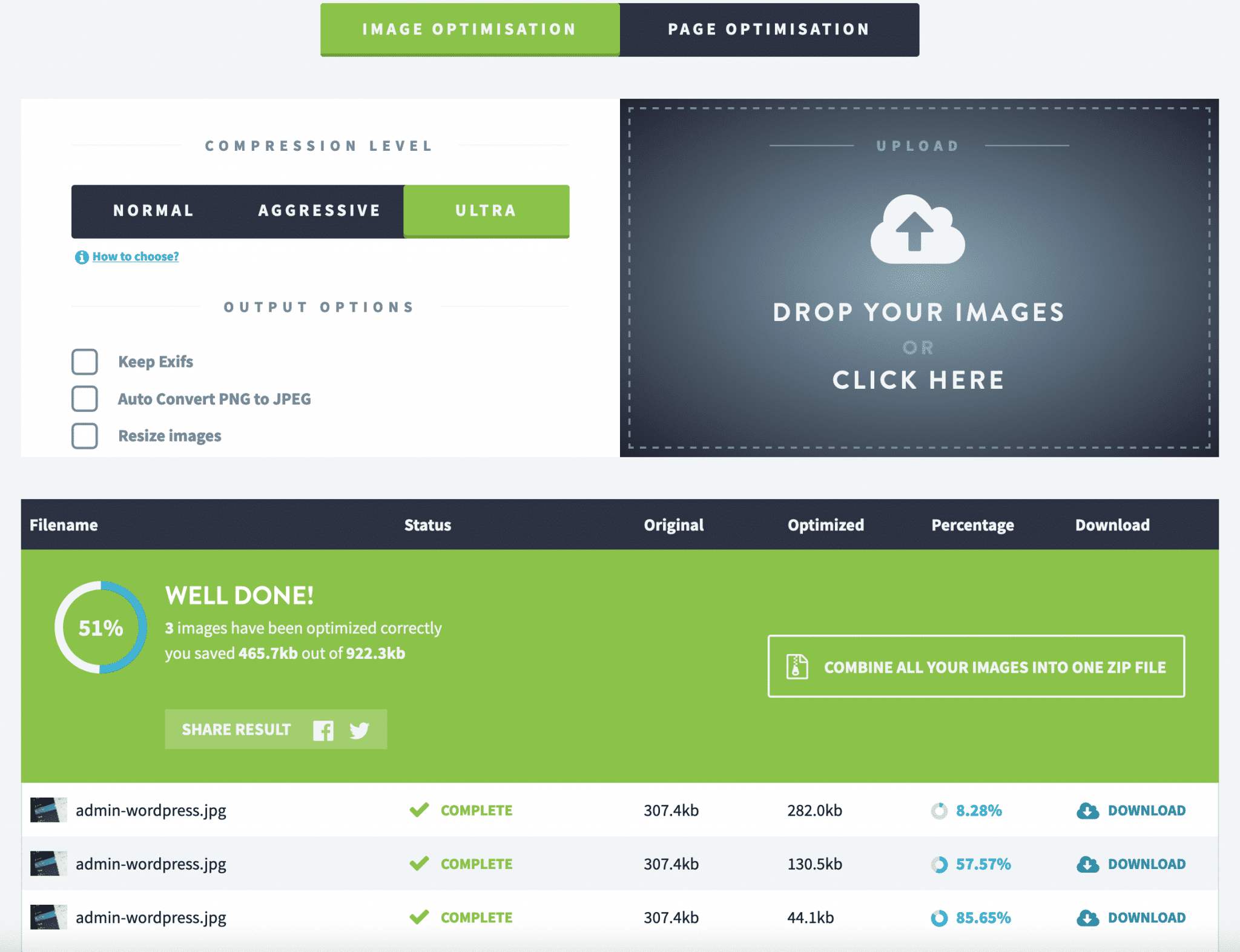 Online optimisation with Imagify