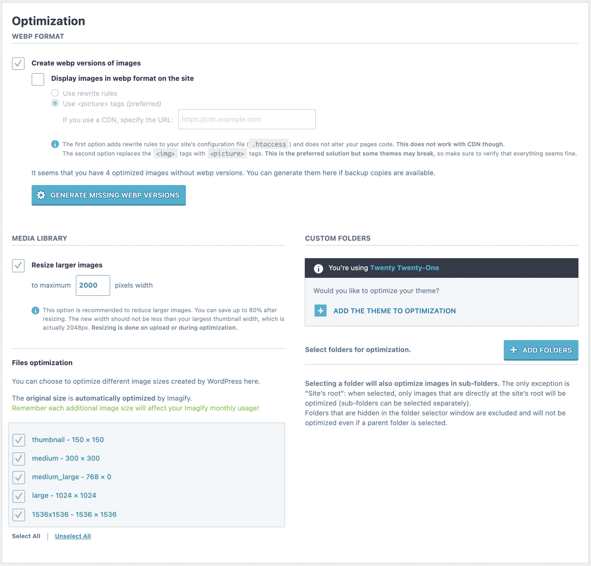 Imagify's optimization settings: WebP format, media library, files optimization, custom folders