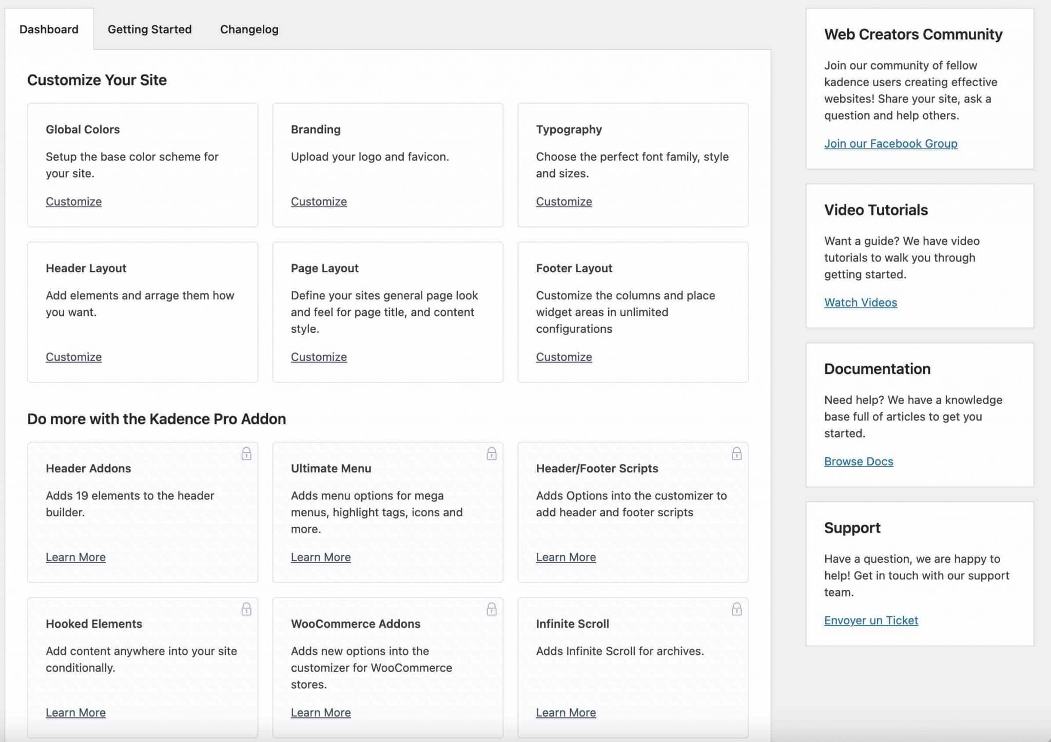 Dashboard tab of Kadence theme