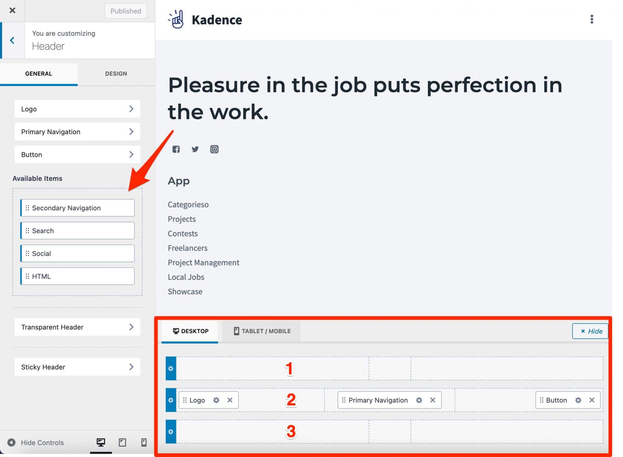 The Kadence theme Header Builder customization on WordPress