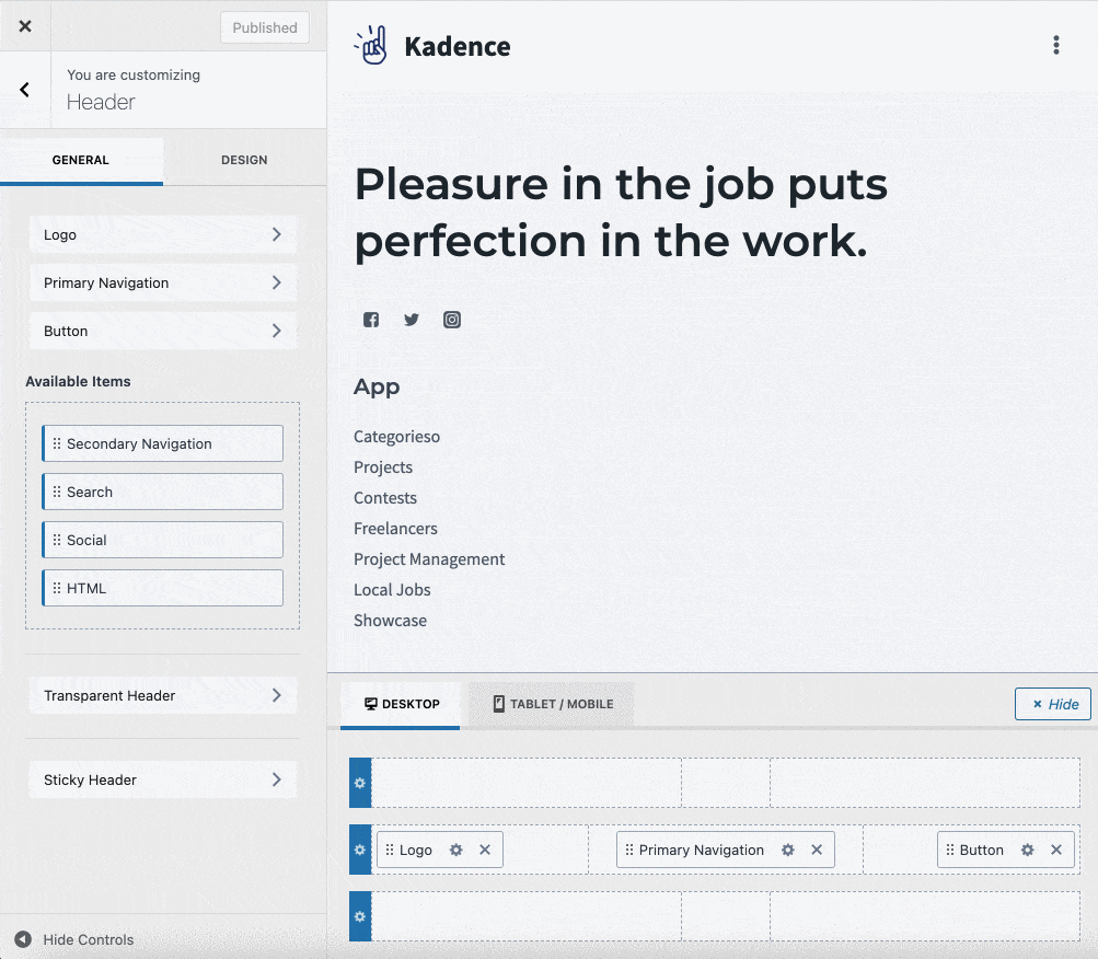 Header Builder settings of Kadence theme on WordPress