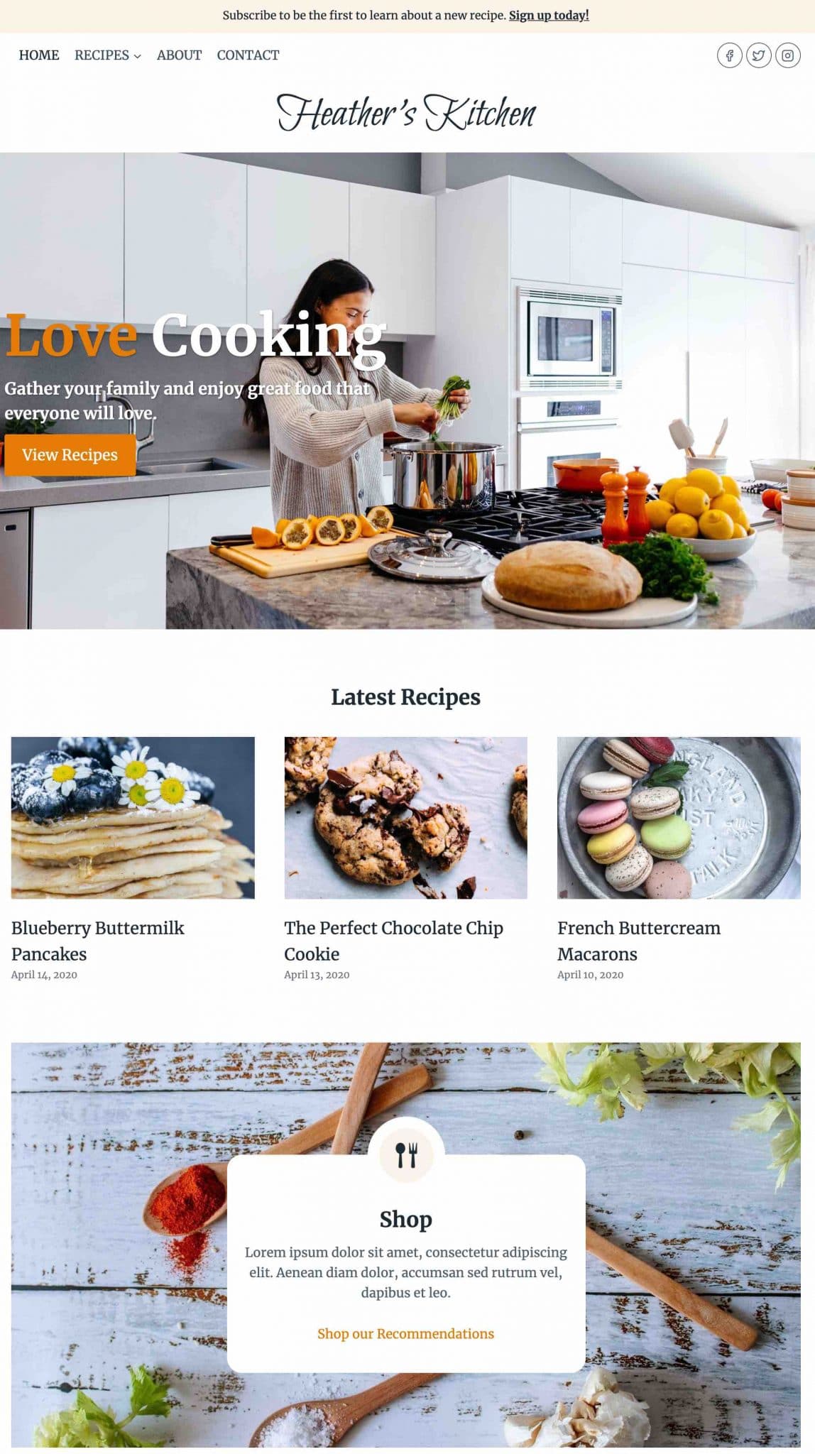 Recipe Blog template demo of the Kadence theme