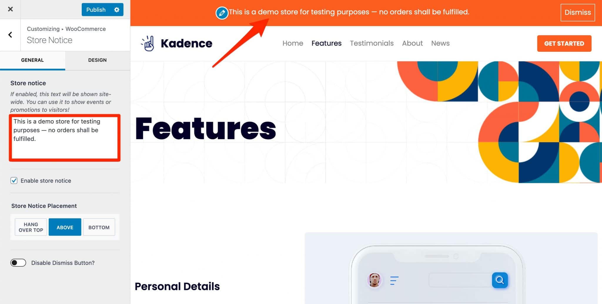 Settings of the WooCommerce Store Notice on Kadence theme