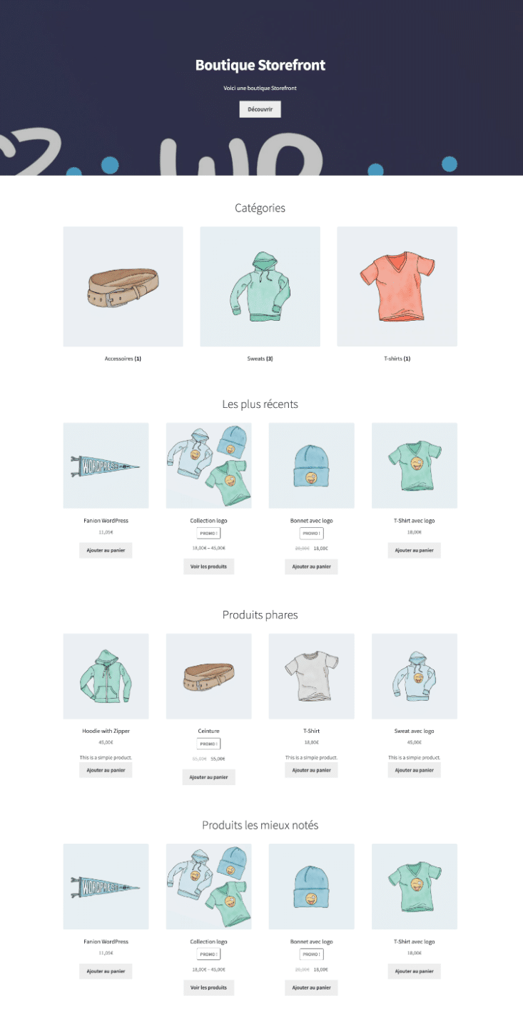 Aperçu du modèle de page d'accueil de Storefront