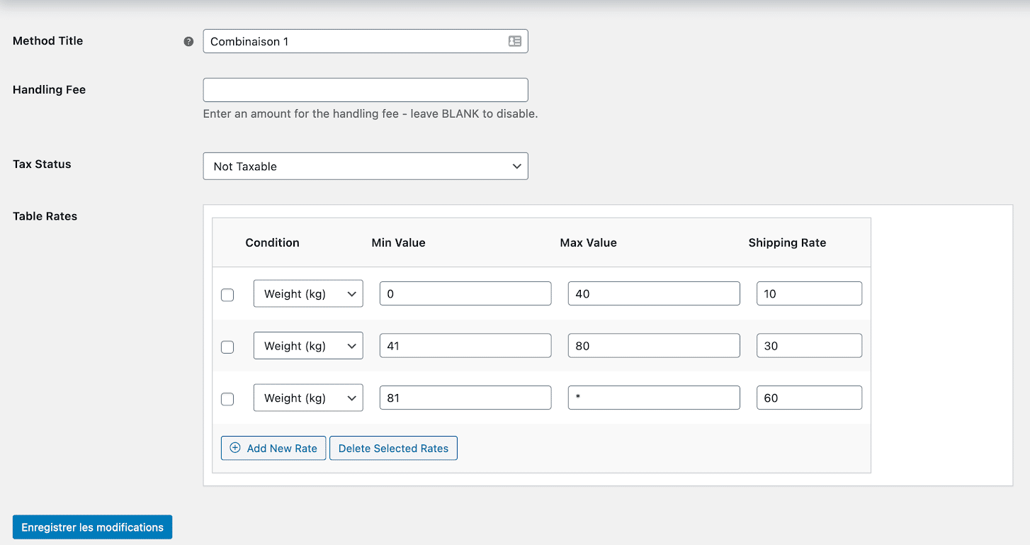 Création des associations de règles de livraison avec WooCommerce Advanced Shipping.
