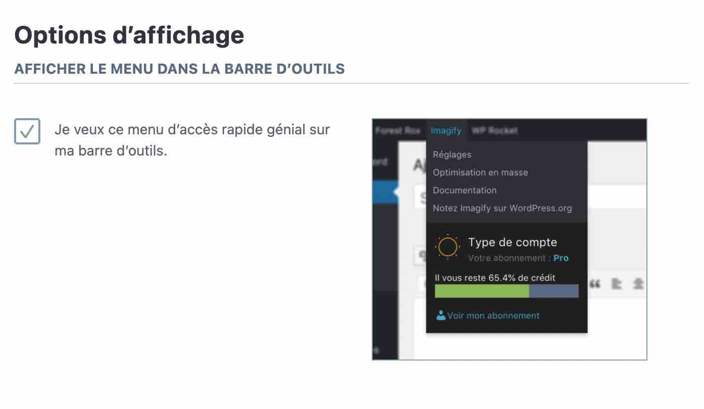 Options d'affichage d'Imagify