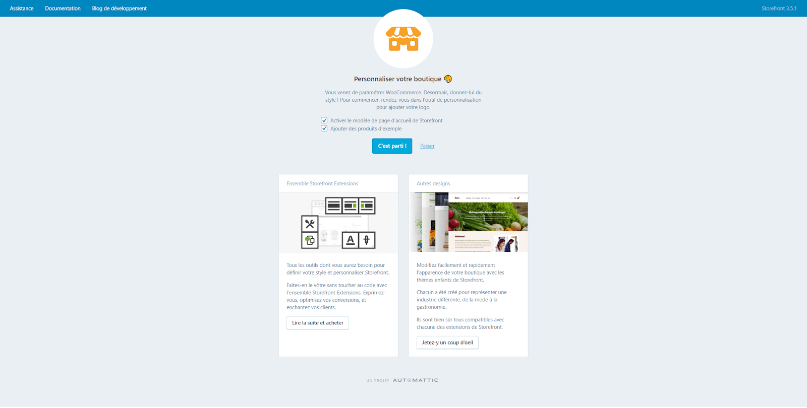 Écran de démarrage de la personnalisation de Storefront