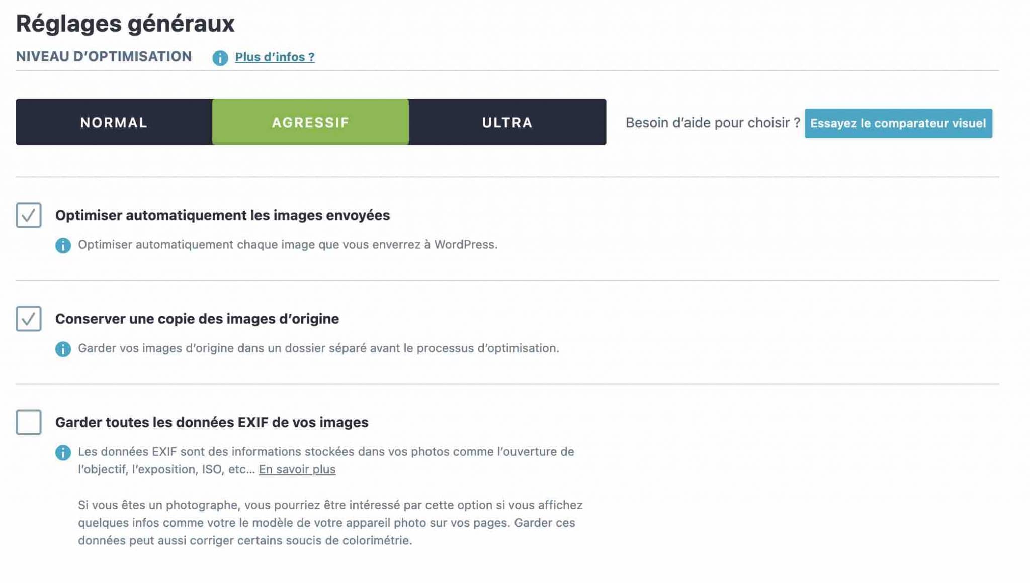Réglages généraux d'Imagify