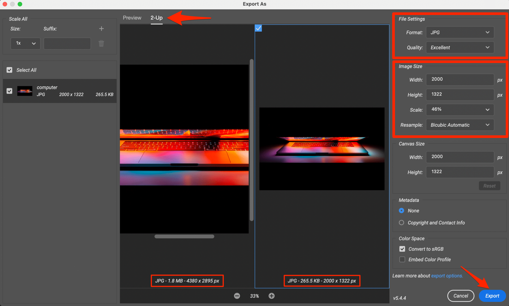 Photoshop 2-Up weight and quality settings