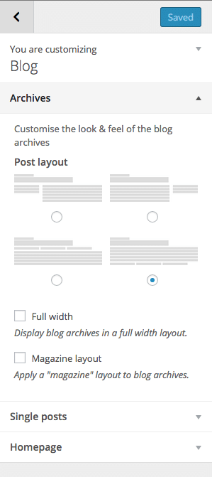 Options de personnalisation de l'extension Storefront Blog Customizer