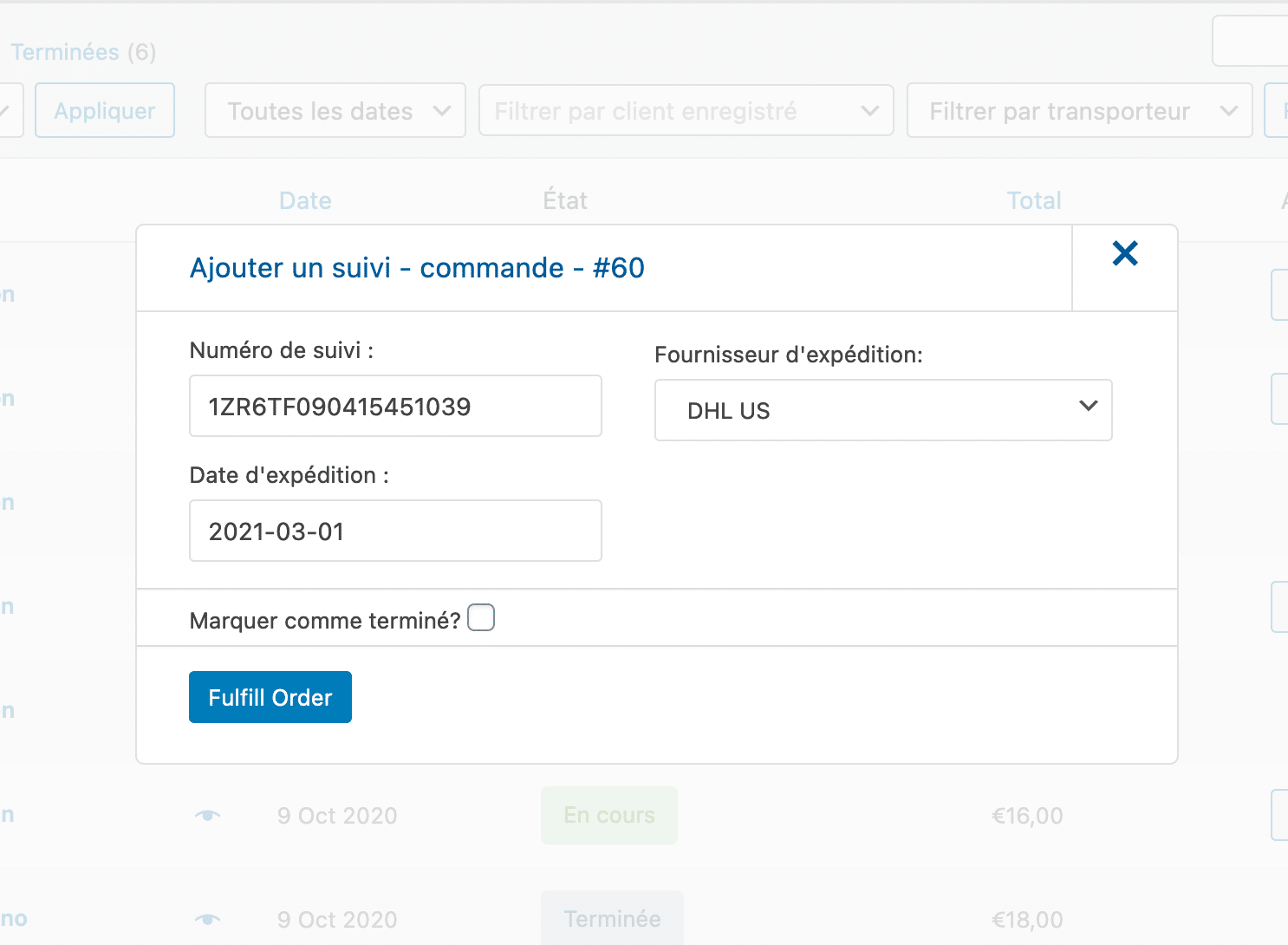 Ajout des informations de tracking sur une commande Ajout des informations de tracking sur une commande avec Advanced Shipment Tracking.