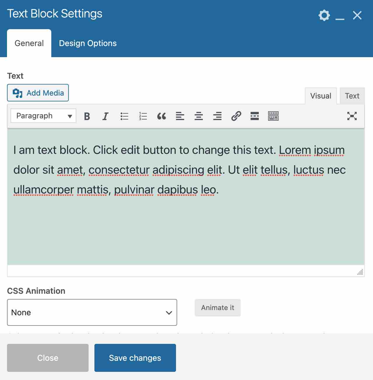 WPBakery's Text Block Settings.