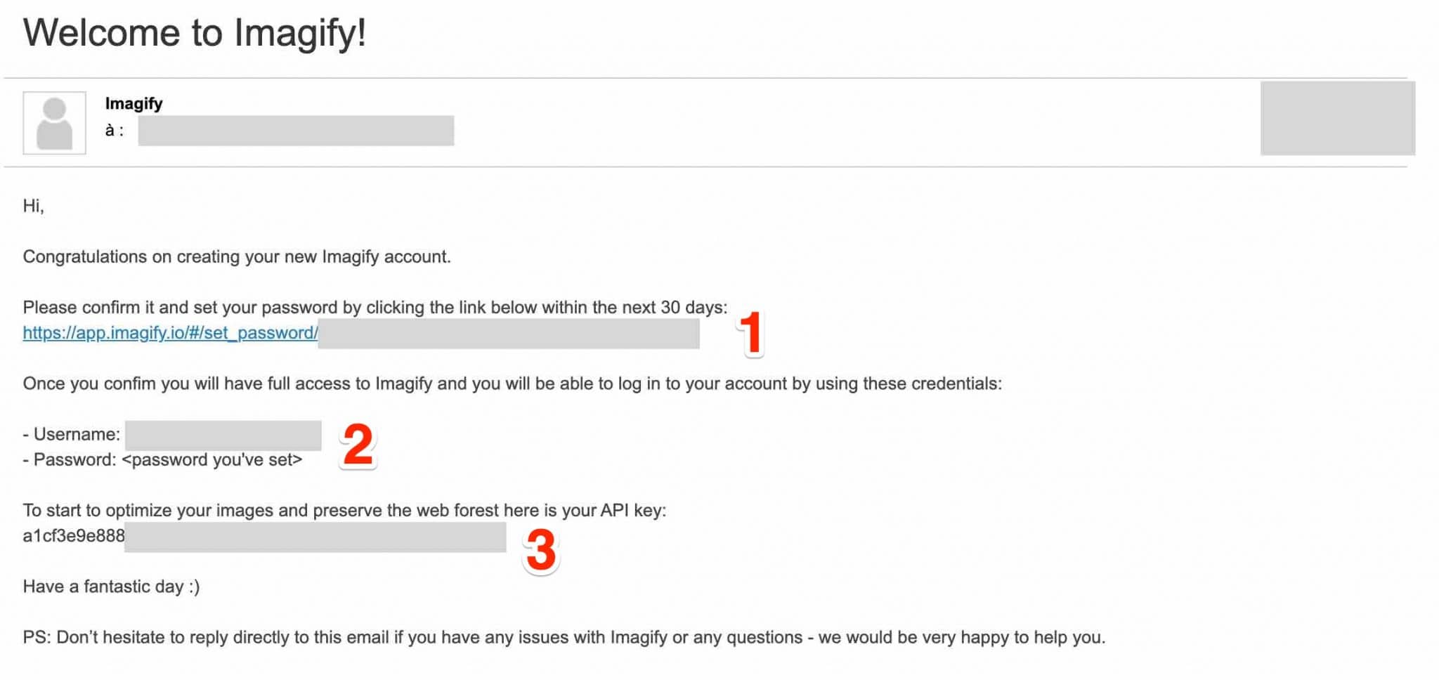 Welcome email sent by Imagify to set up your API key