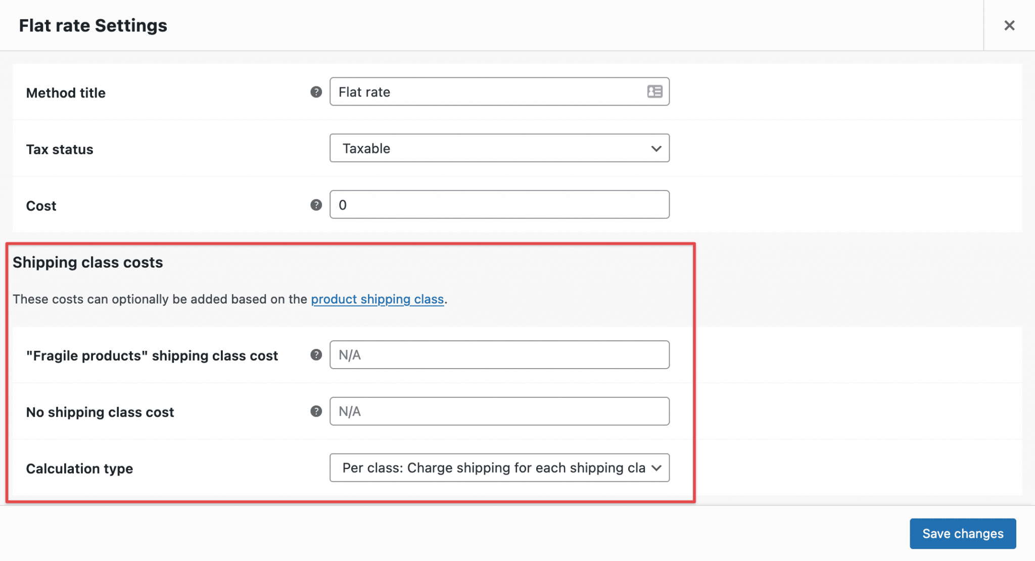 Shipping class costs on WooCommerce