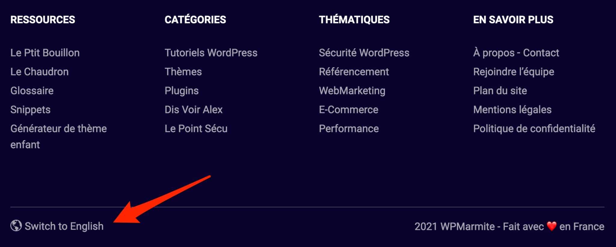Le commutateur de langue sur WPMarmite.