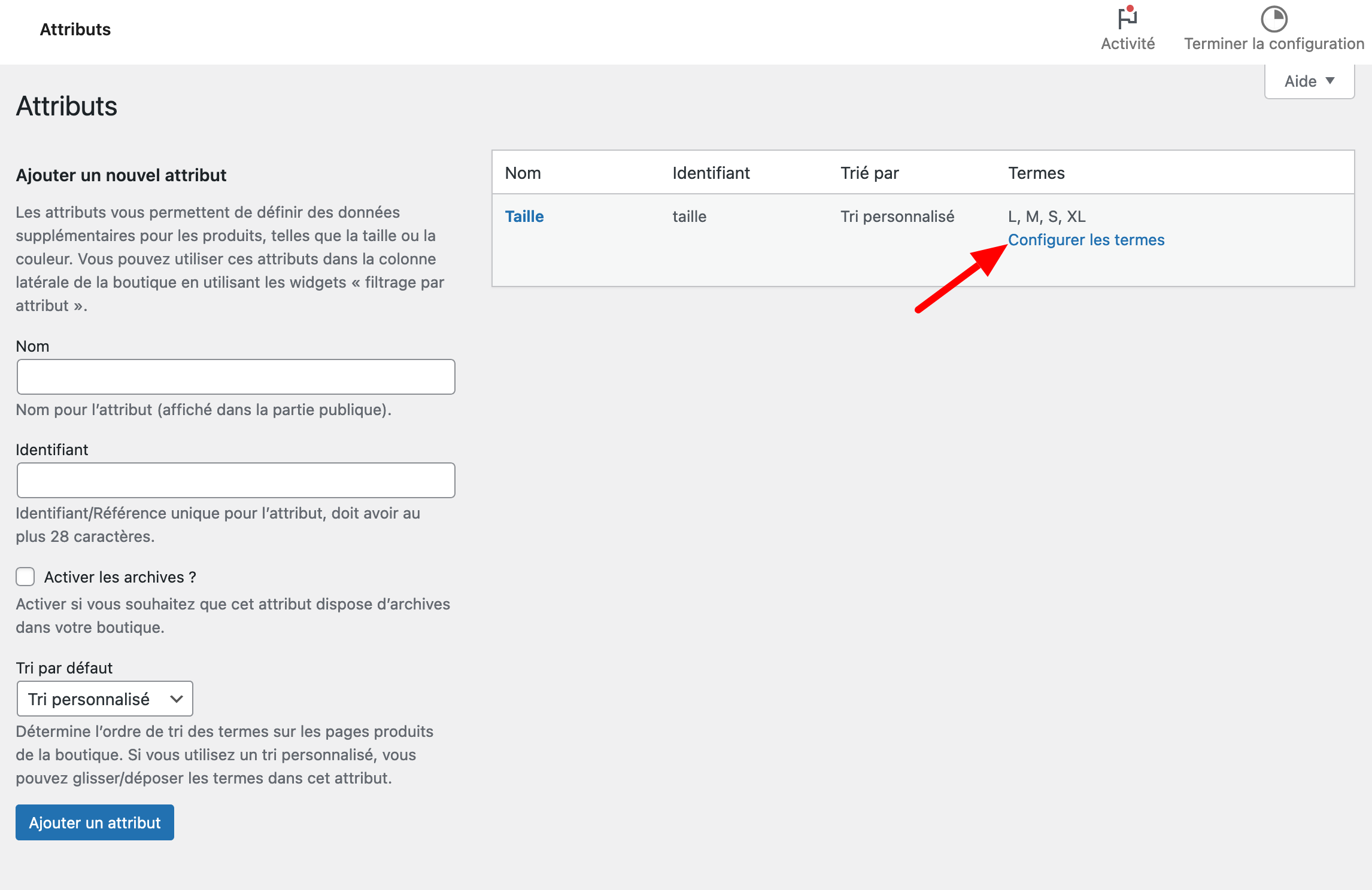 Configuration des attributs sur WooCommerce.