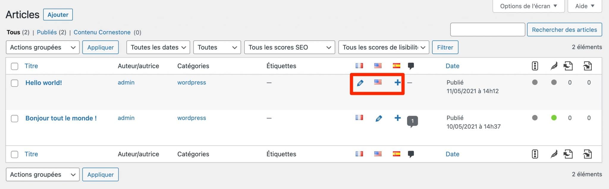 Sur Polylang, vous pouvez traduire une page depuis votre tableau de bord.