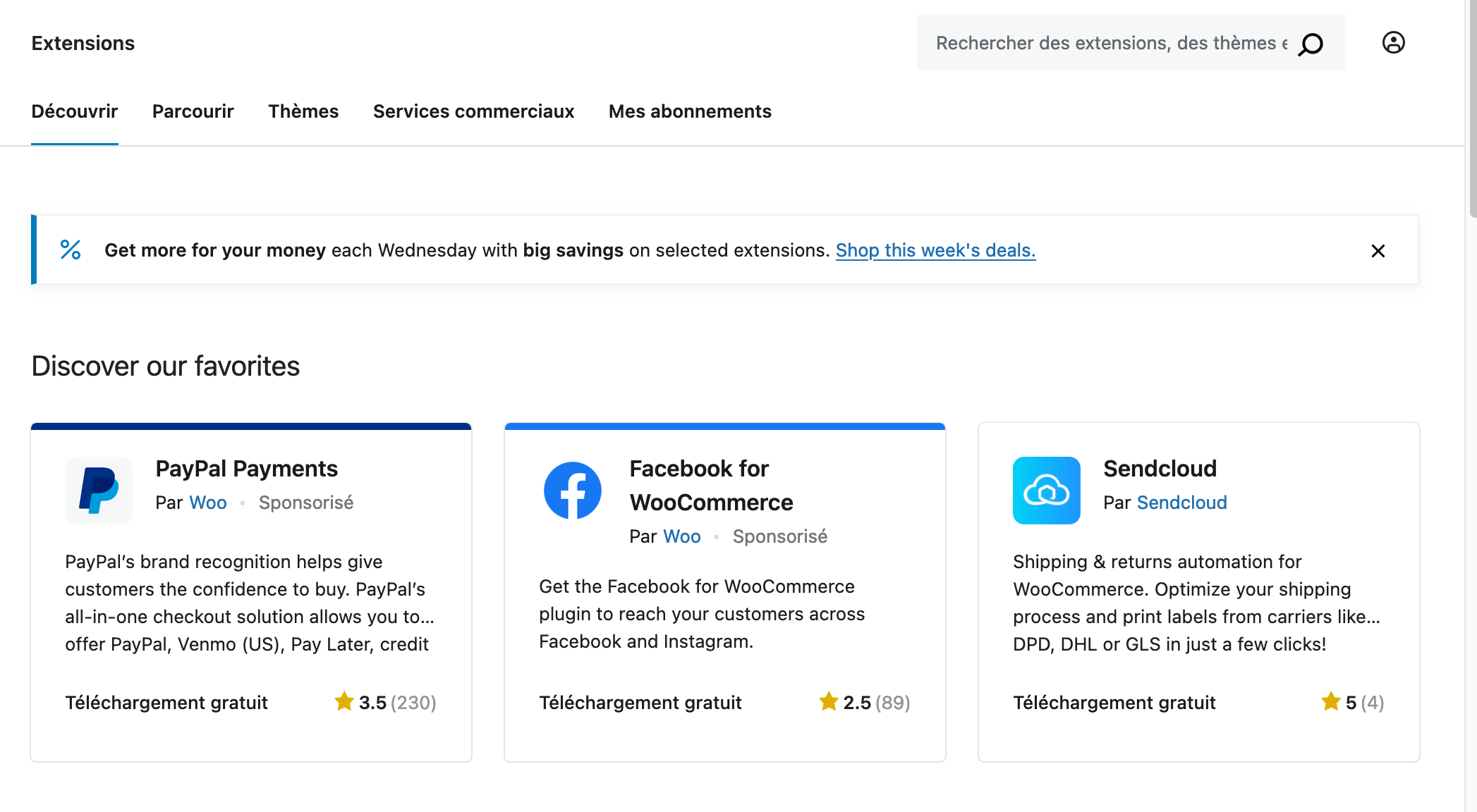 Le menu des extensions de WooCommerce.