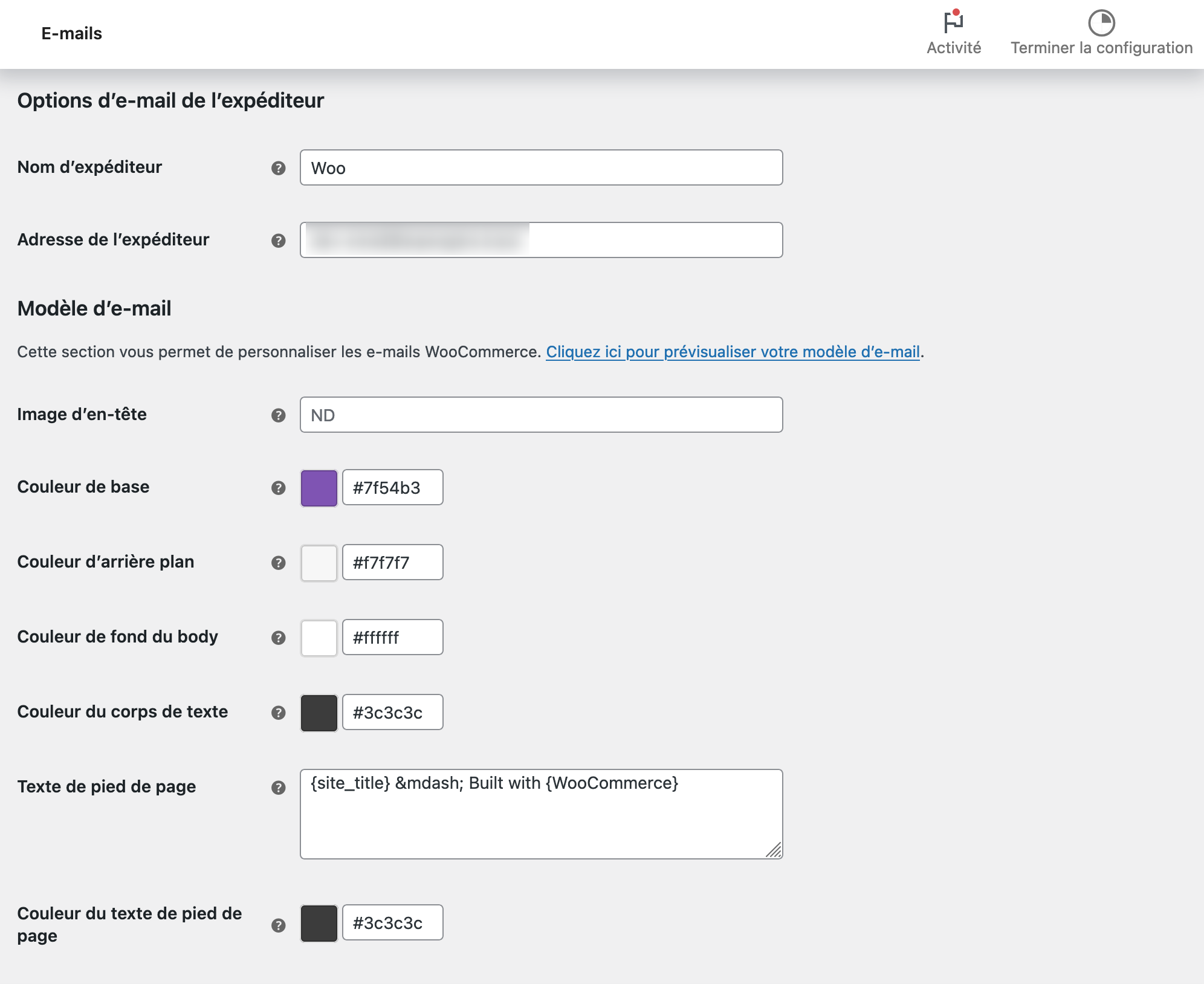 Personnalisation d'un email dans les réglages de WooCommerce.