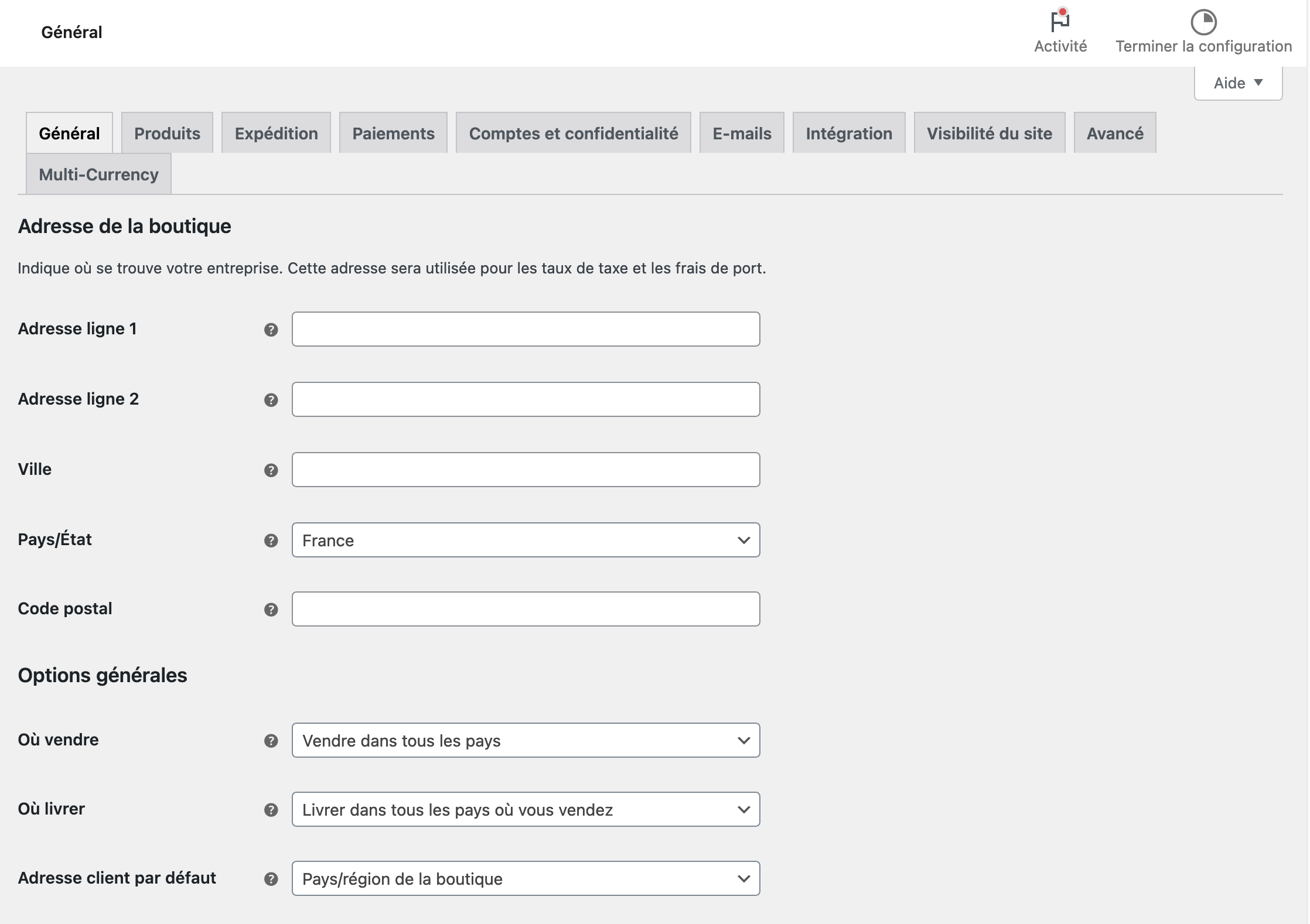 Réglages de l'dresse d'une boutique WooCommerce.