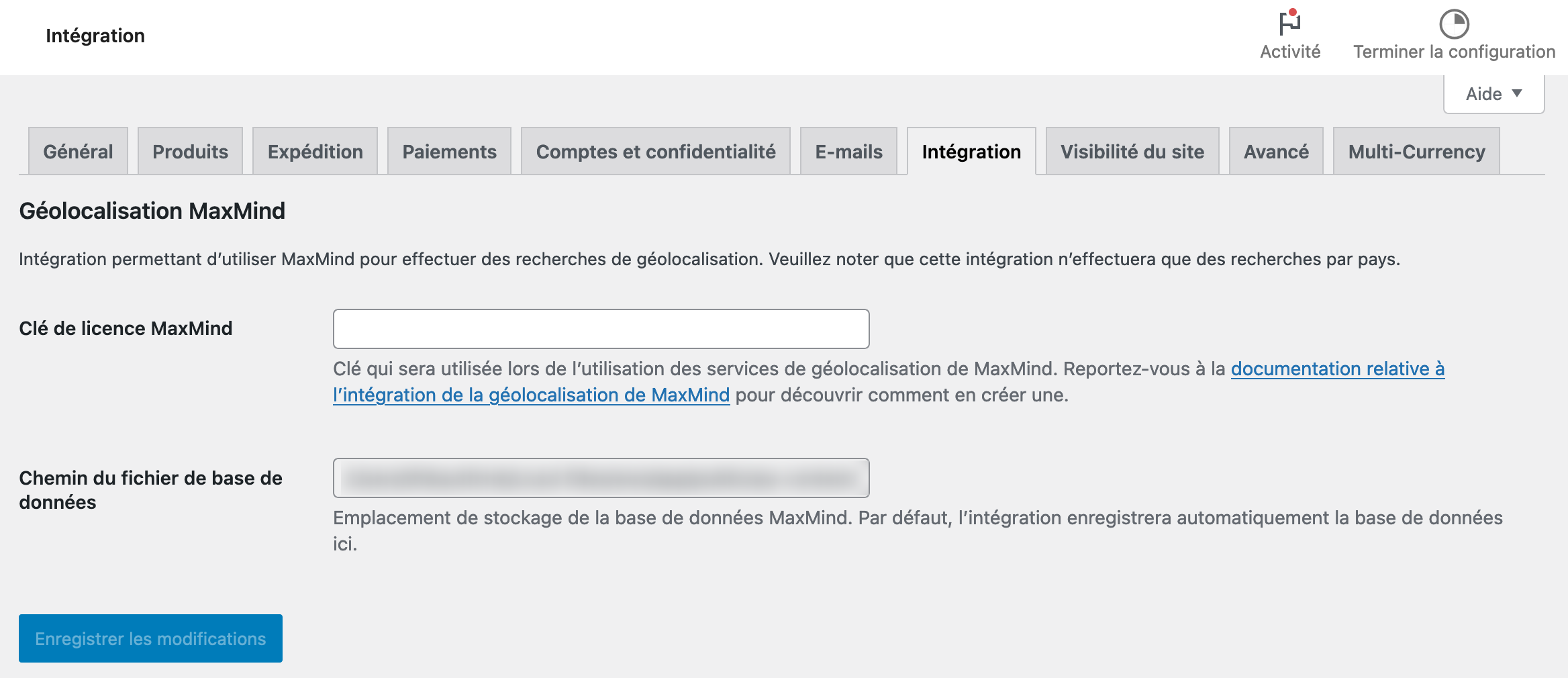 Onglet Intégration de WooCommerce.
