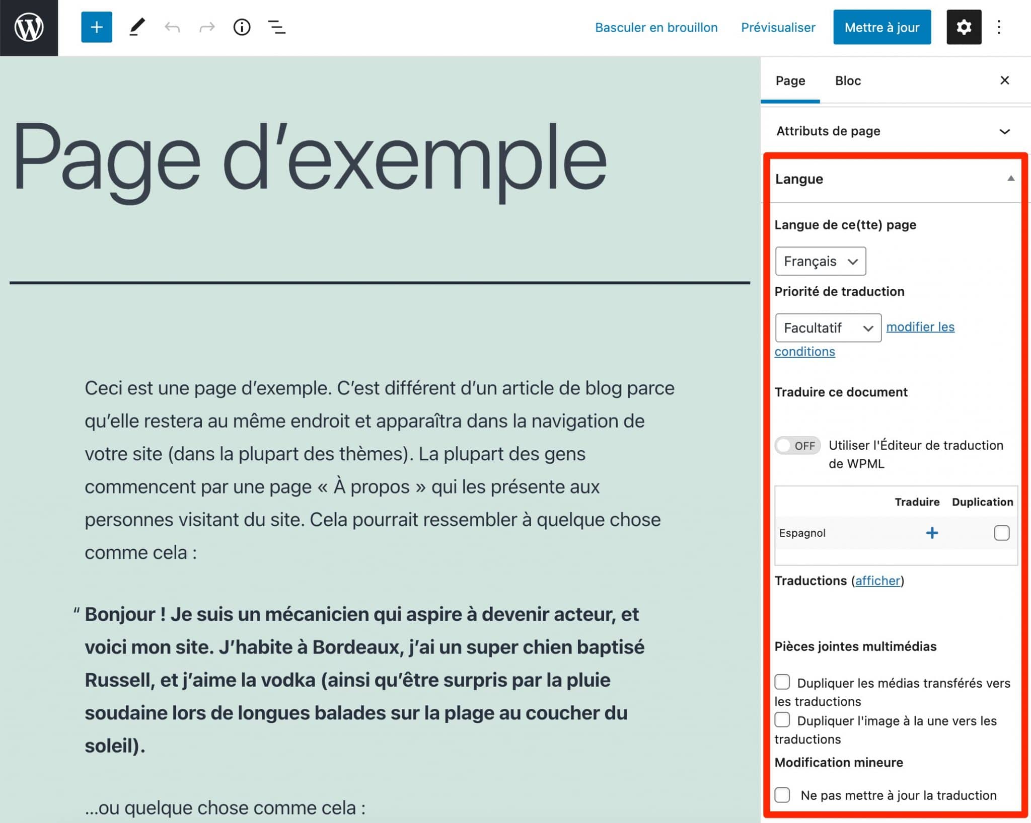 L'onglet Langues sur l'éditeur de contenu Gutenberg.