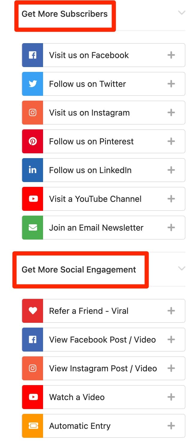 RafflePress actions settings to get more subscribers, more social engagement, more traffic.