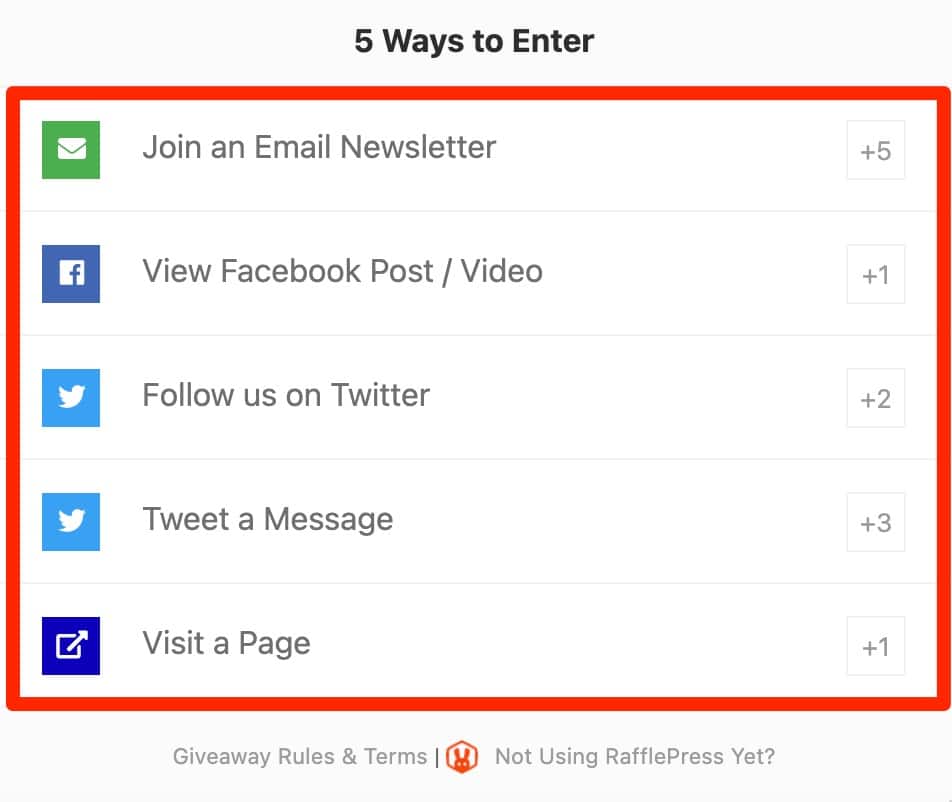 5 ways to enter a RafflePress giveaway: join an email newsletter, view Facebook post/video, follow us on Twitter, tweet a message, visit a page.