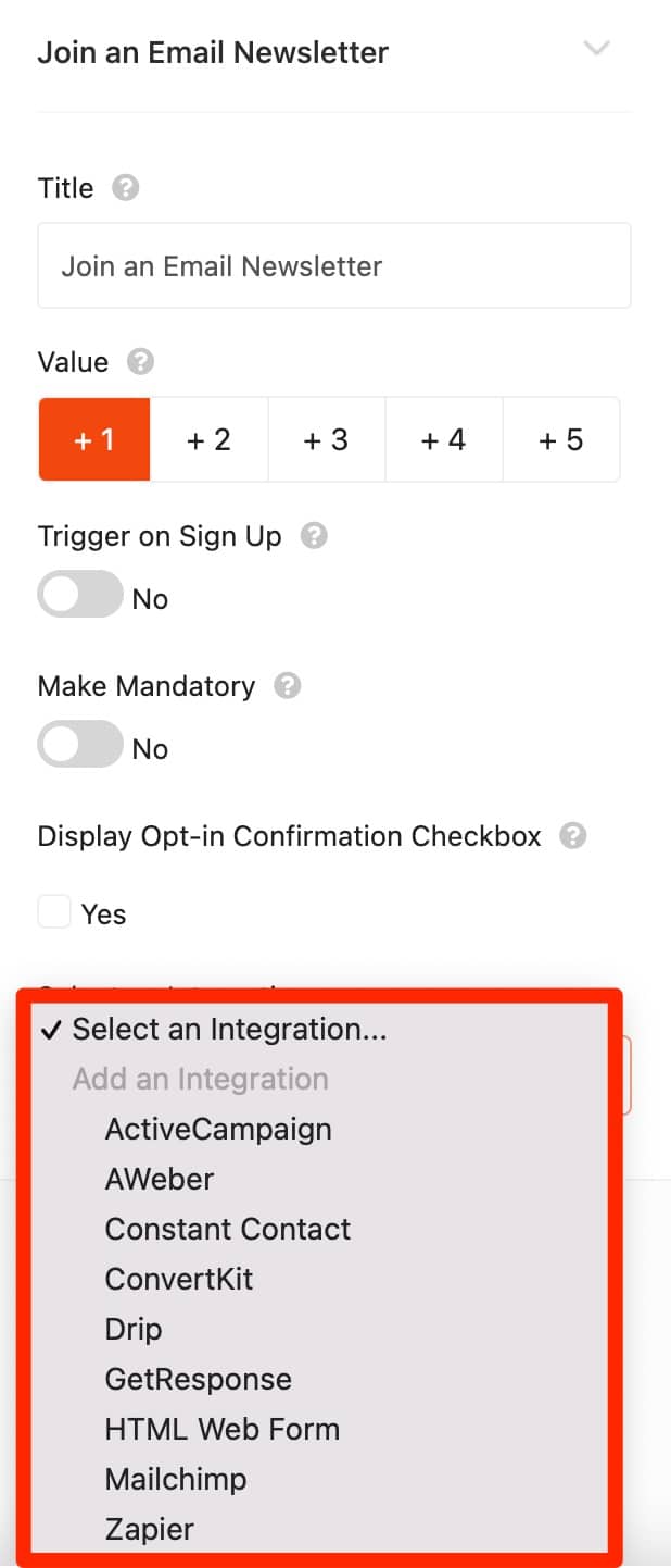Select a newsletter integration on RafflePress plugin between: ActiveCampaign, AWeber, Constant Contact, ConvertKit, Drip, GetResponse, HTML Web Form, Mailchimp, Zapier.