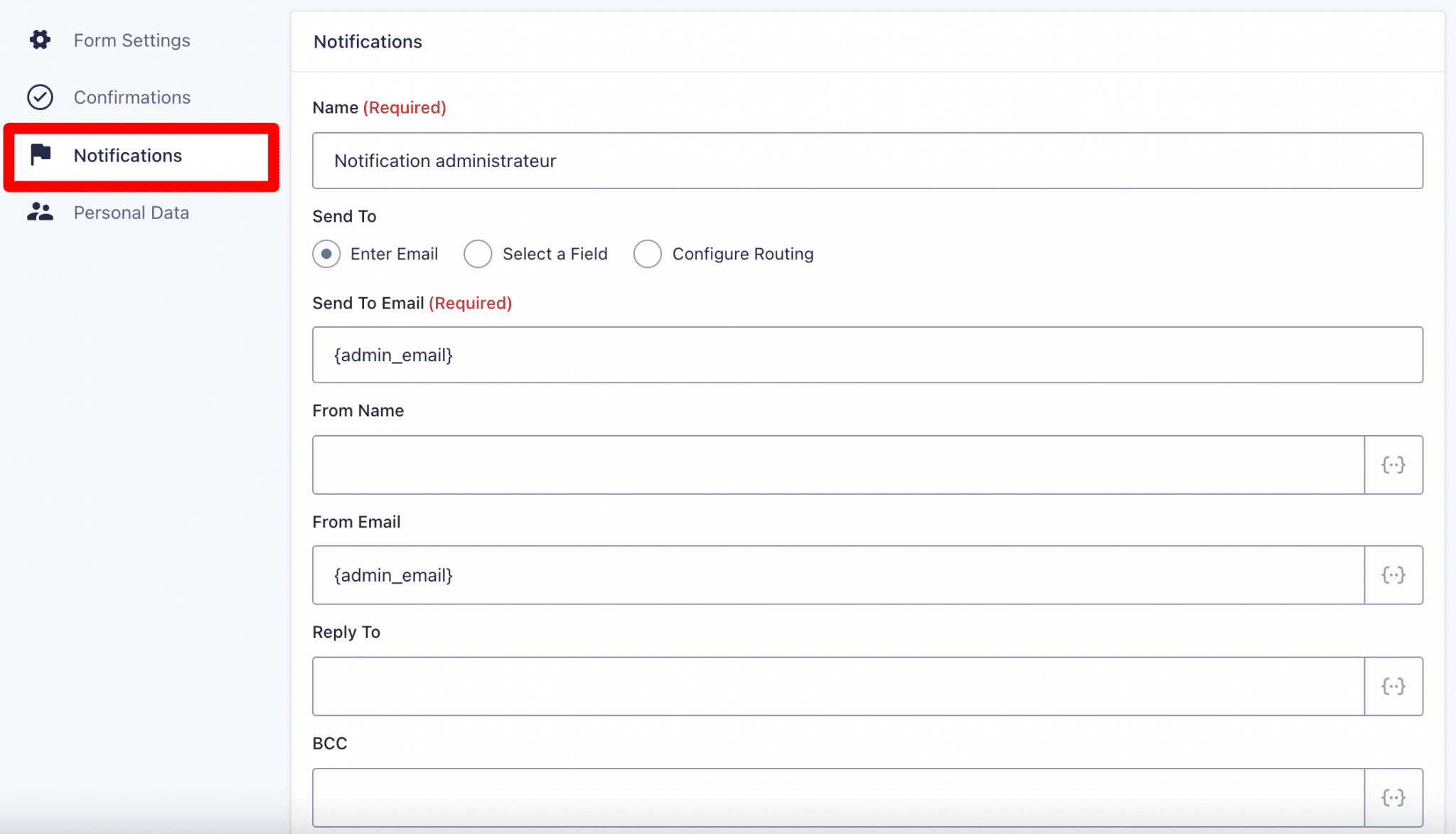 Réglages des notifications dans Gravity Forms.