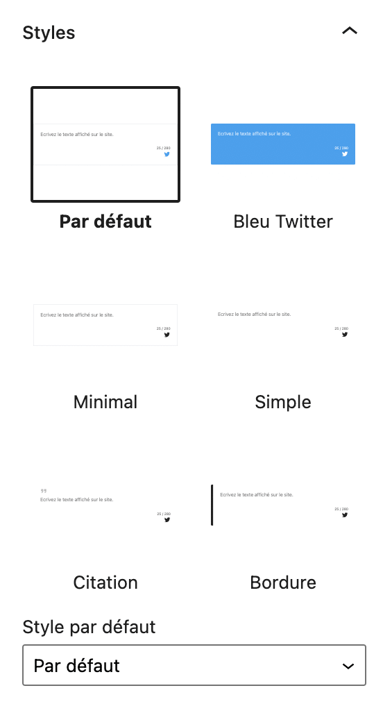 Les styles de bloc disponibles avec Modern CTT.