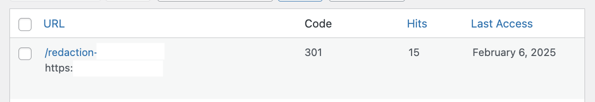 List showing one WordPress redirect with the URL, Code 301, Hits, and Last Access.