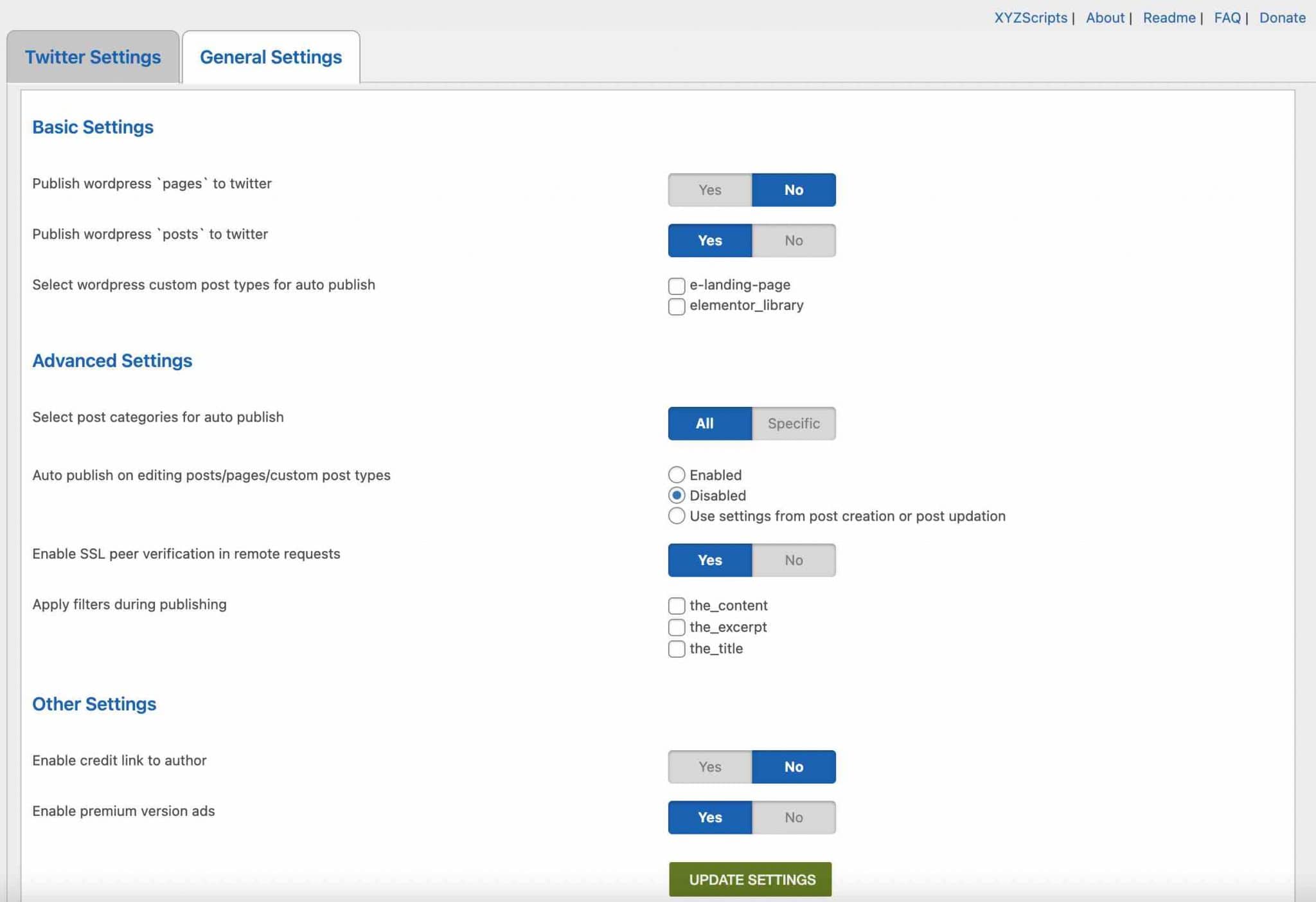 WP Twitter Auto Publish plugin general settings.