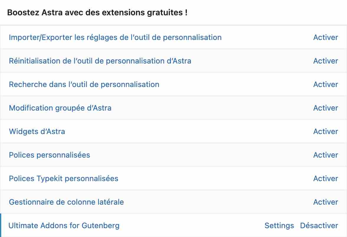 Les extensions gratuites proposées par Astra.