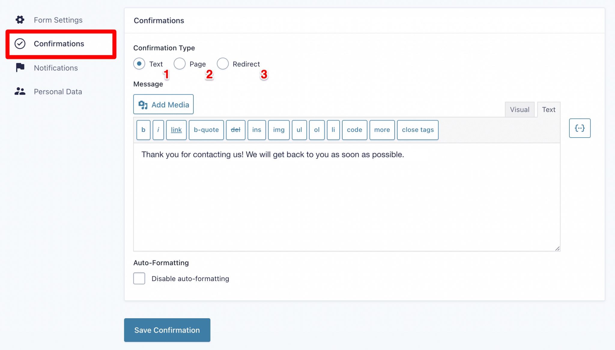 Confirmations settings in Gravity Forms.