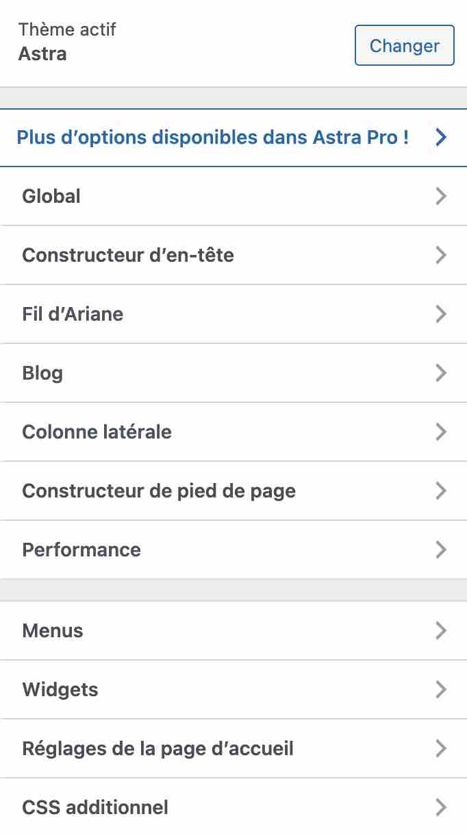 L'outil de personnalisation d'Astra WordPress.